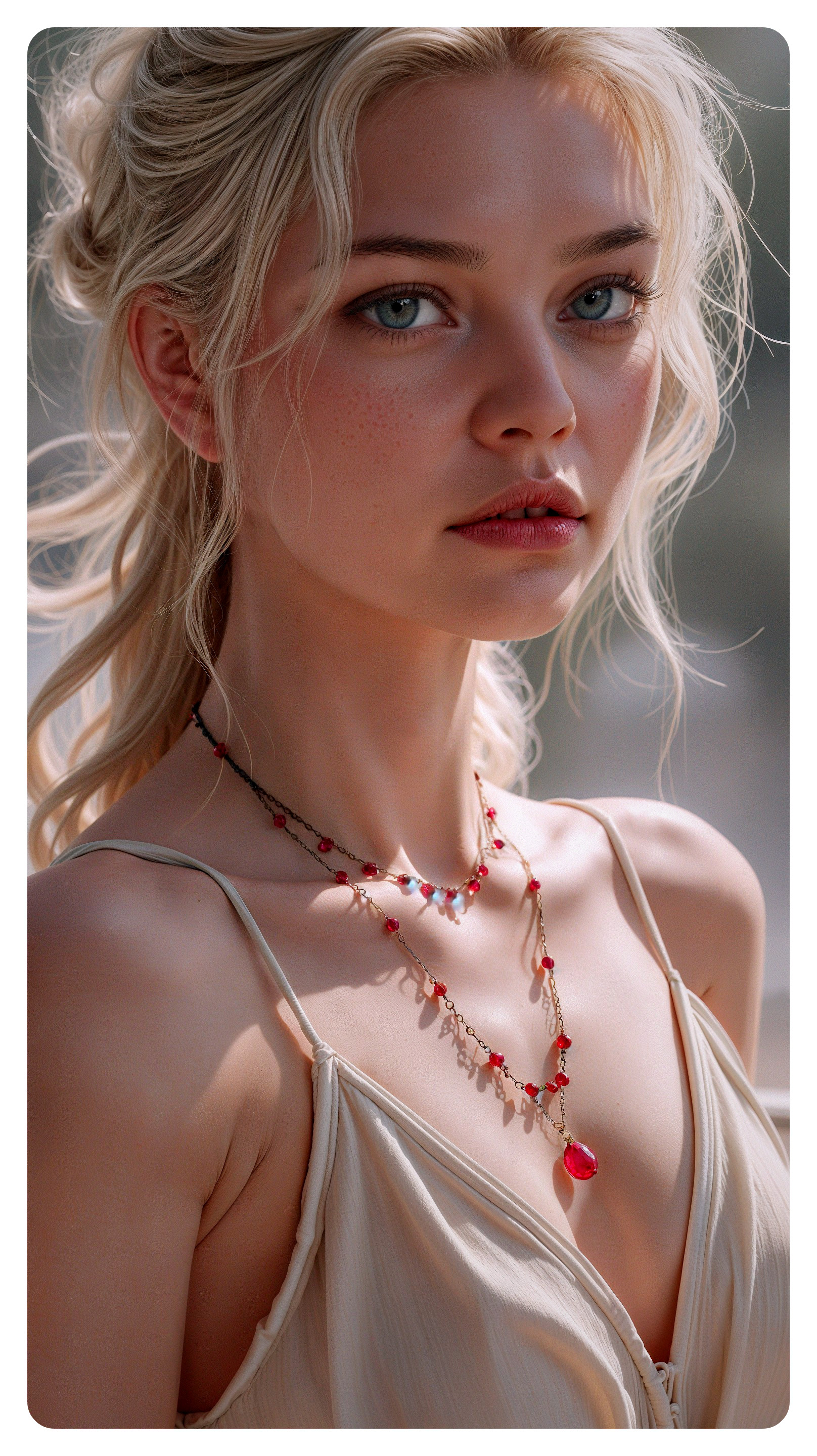 Young woman with blonde waves and blue eyes