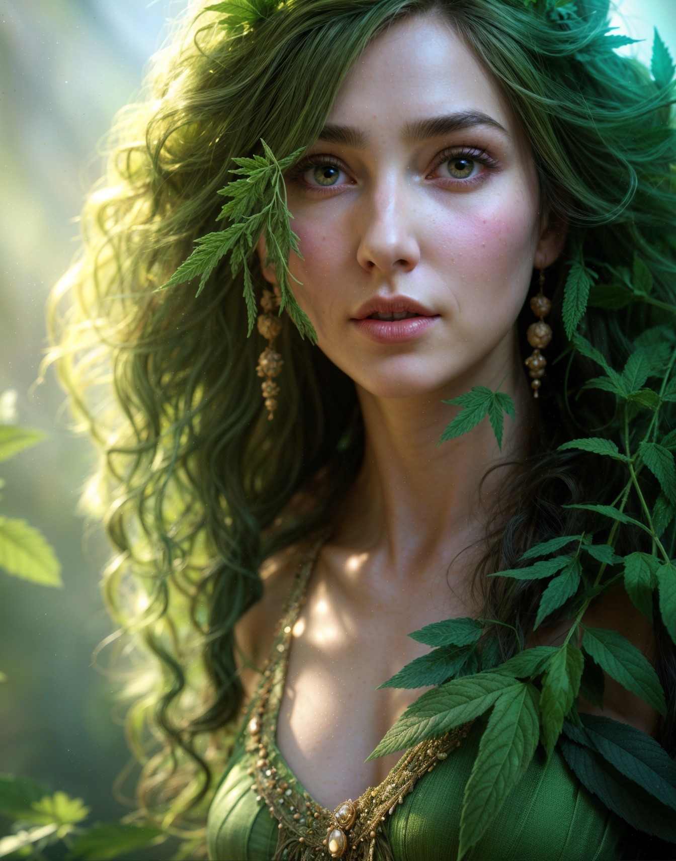 Young woman with green hair in a mystical setting