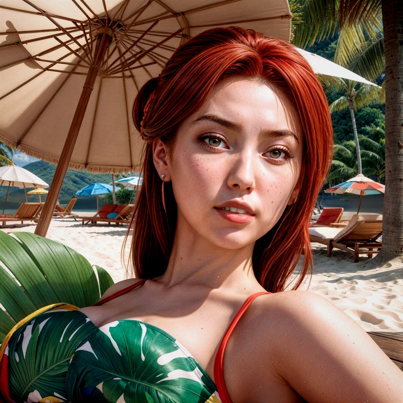 Young Woman with Red Hair on Tropical Beach