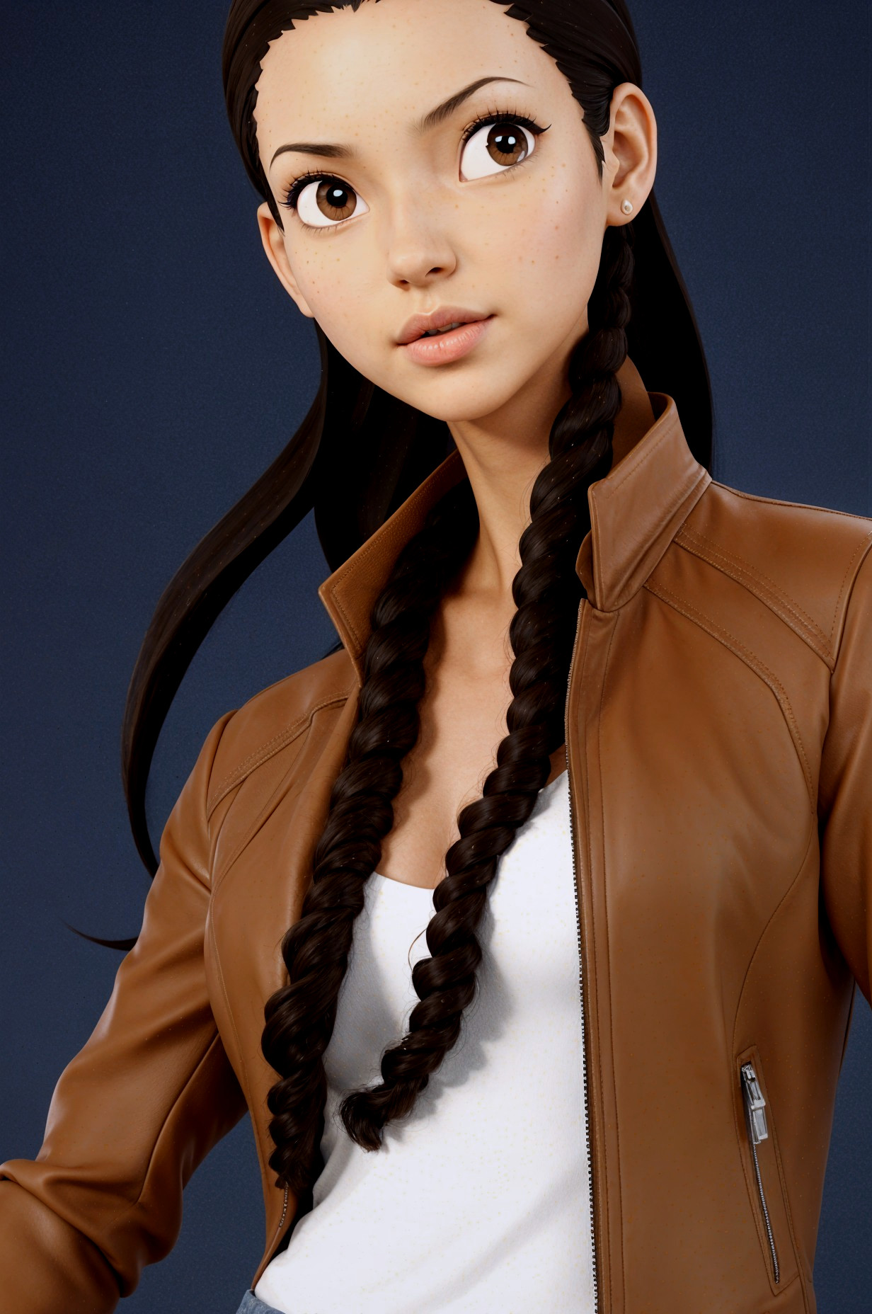 Stylized Young Woman in Brown Jacket with Blue Background