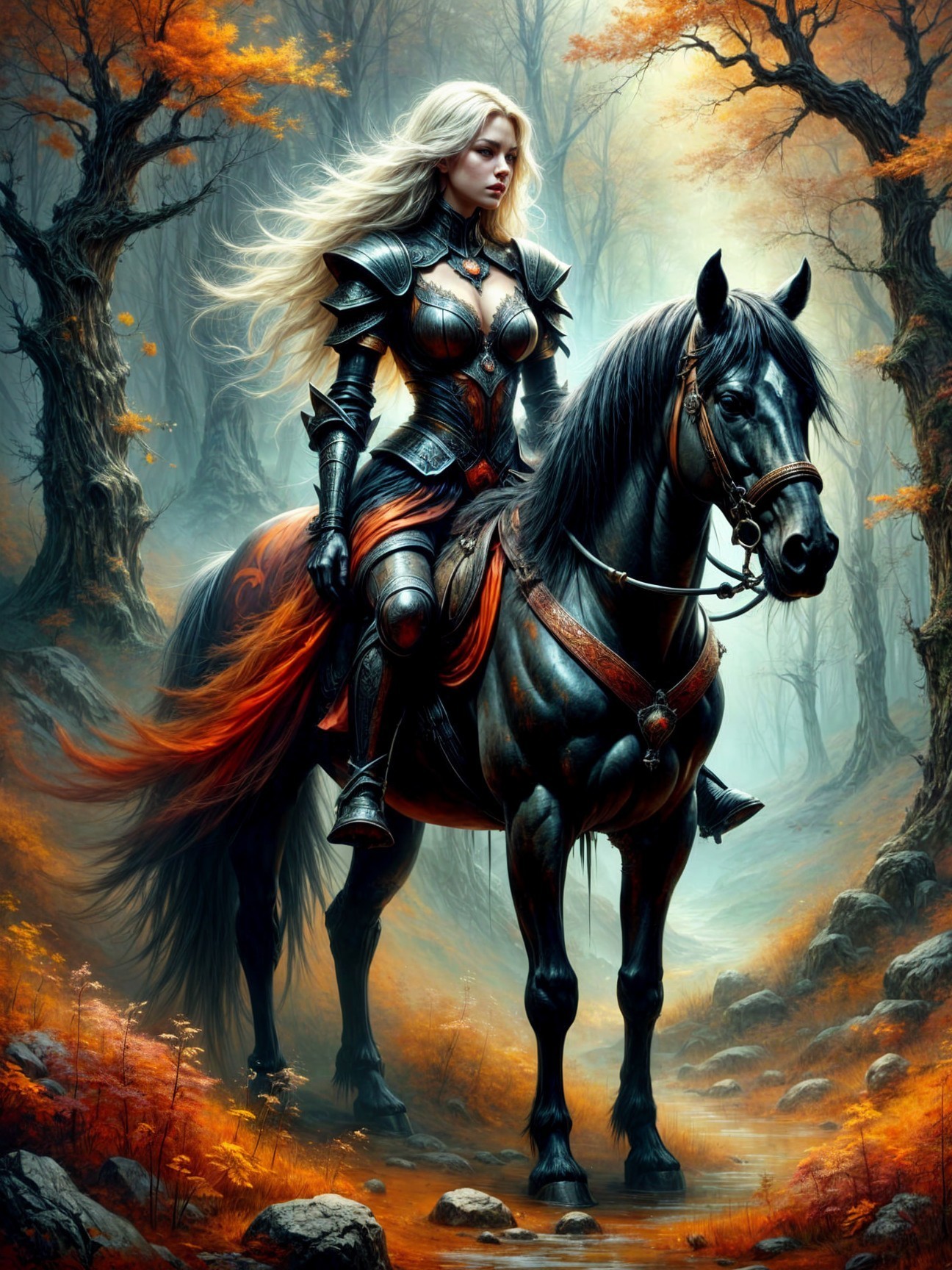 Warrior Woman in Armor on a Black Horse in Autumn Forest