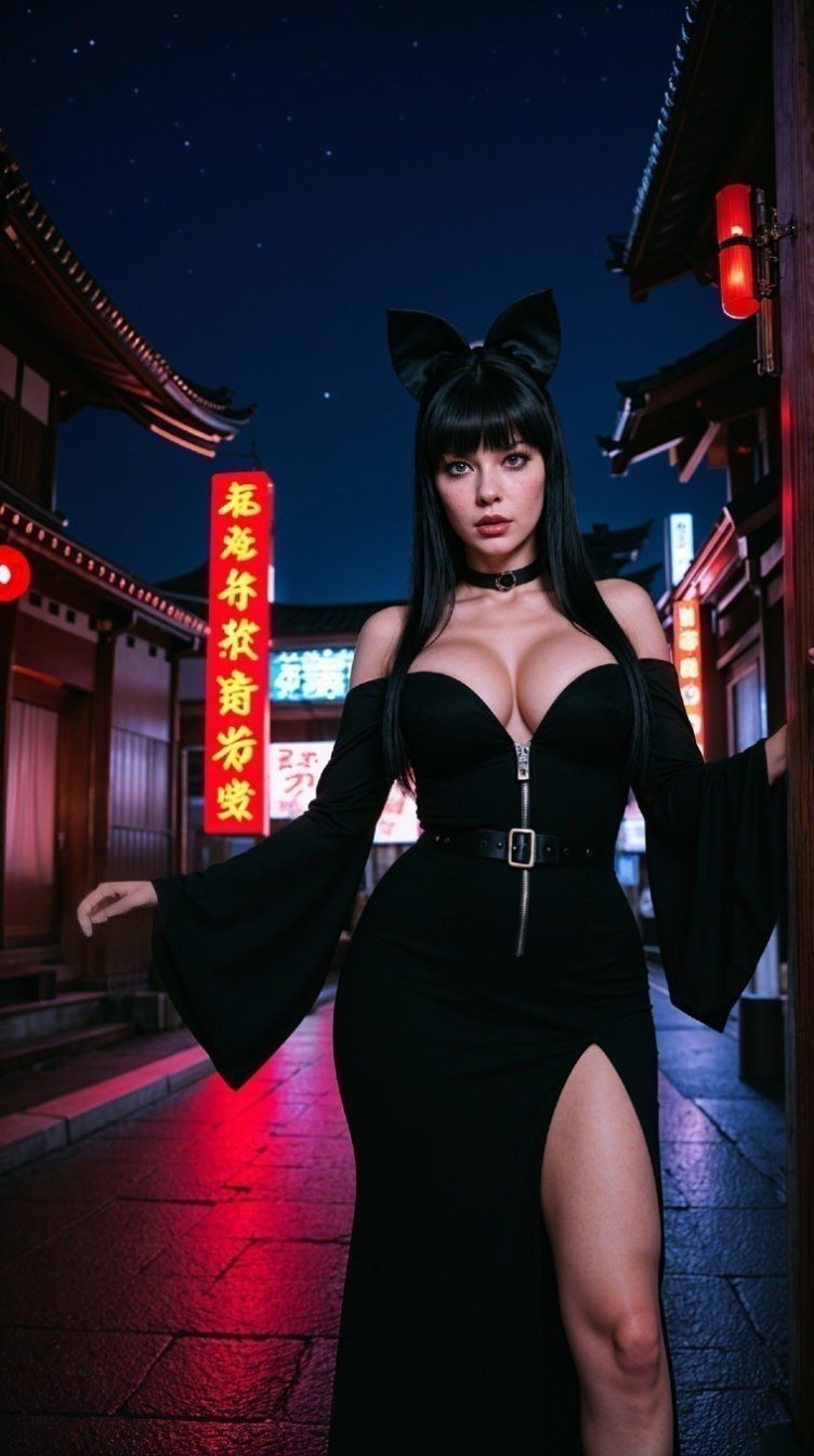Woman in Black Dress Against Vibrant Night Scene