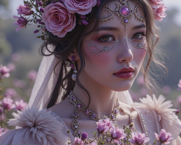 Young Woman in Blooming Field of Pink Flowers