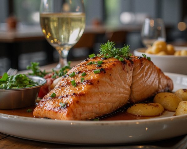 Grilled salmon with baby potatoes and creamy sauce