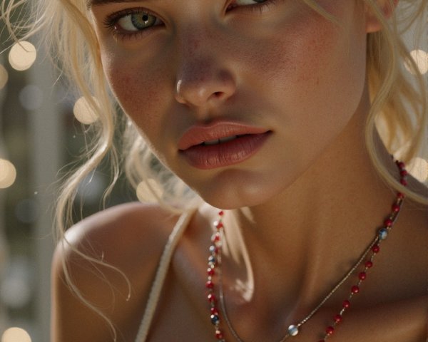 Close-up of a young woman with green eyes and freckles