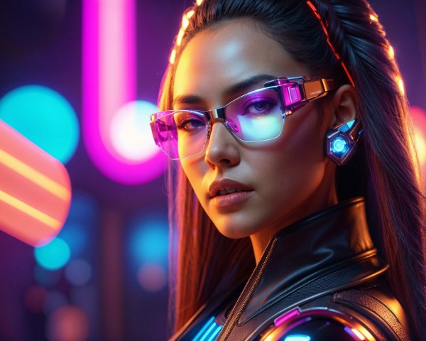 Futuristic Woman with Colorful Glasses and Neon Lights