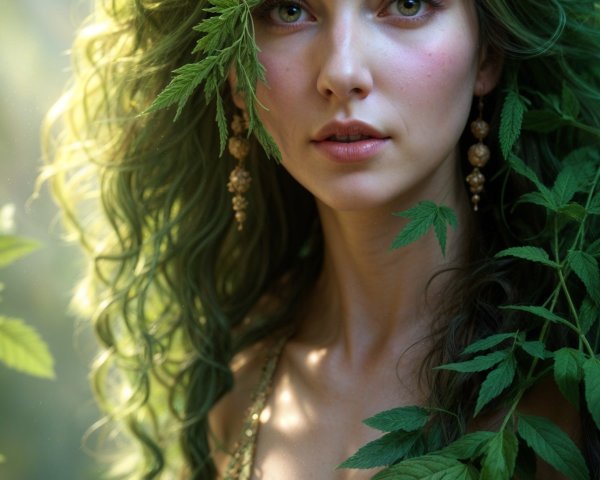 Young woman with green hair in a mystical setting