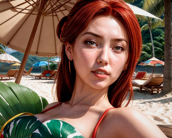 Young Woman with Red Hair on Tropical Beach