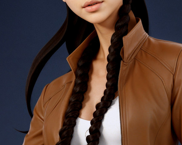 Stylized Young Woman in Brown Jacket with Blue Background