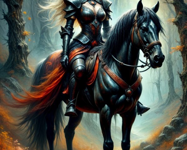 Warrior Woman in Armor on a Black Horse in Autumn Forest