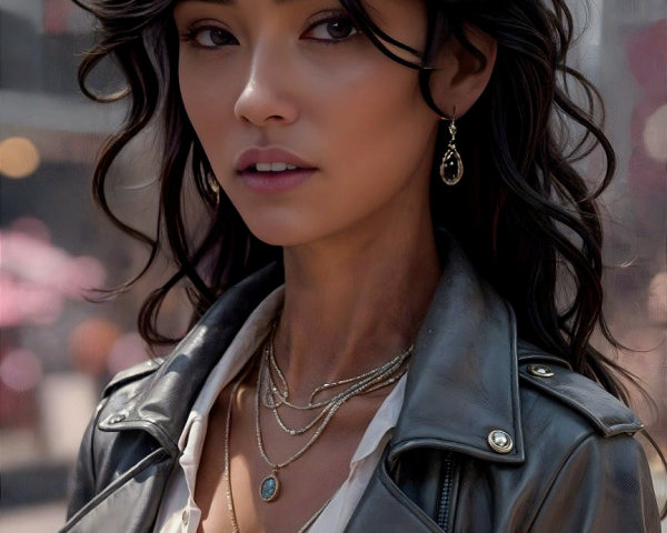 Confident Young Woman in Stylish Leather Jacket