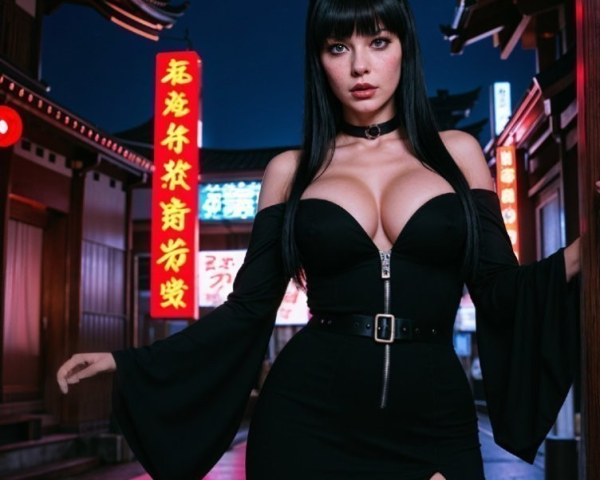 Woman in Black Dress Against Vibrant Night Scene