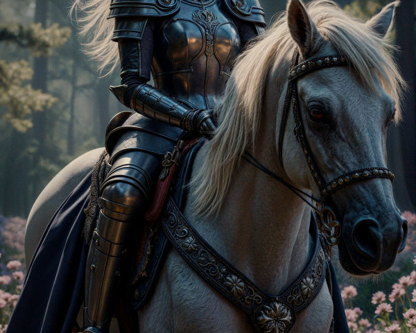 Knight in Silver Armor Riding White Horse in Forest