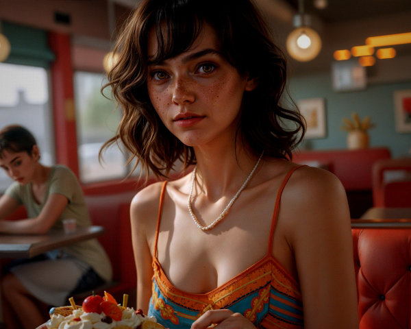 Young woman at retro diner with colorful dessert