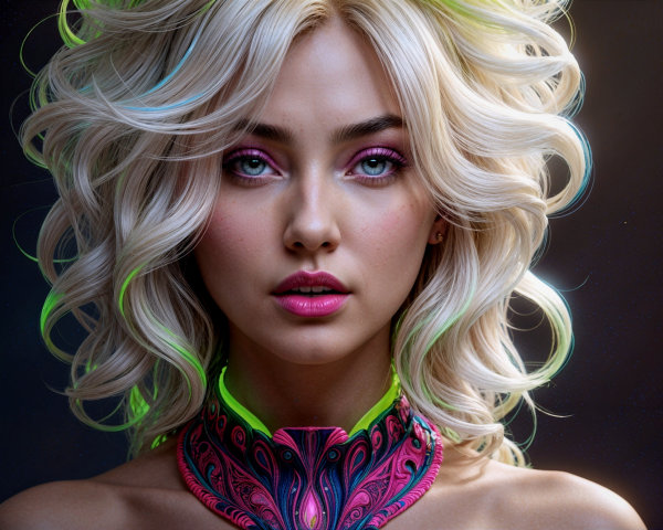 Portrait of a model with wavy blonde hair and neon green highlights