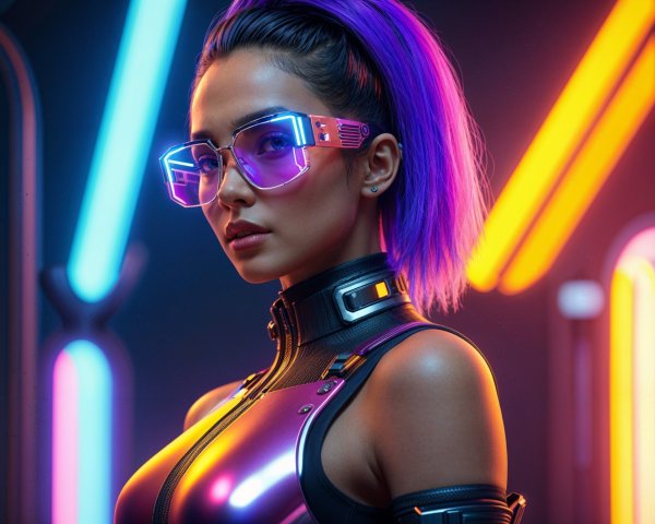Cyberpunk Figure with Purple Hair and Neon Background