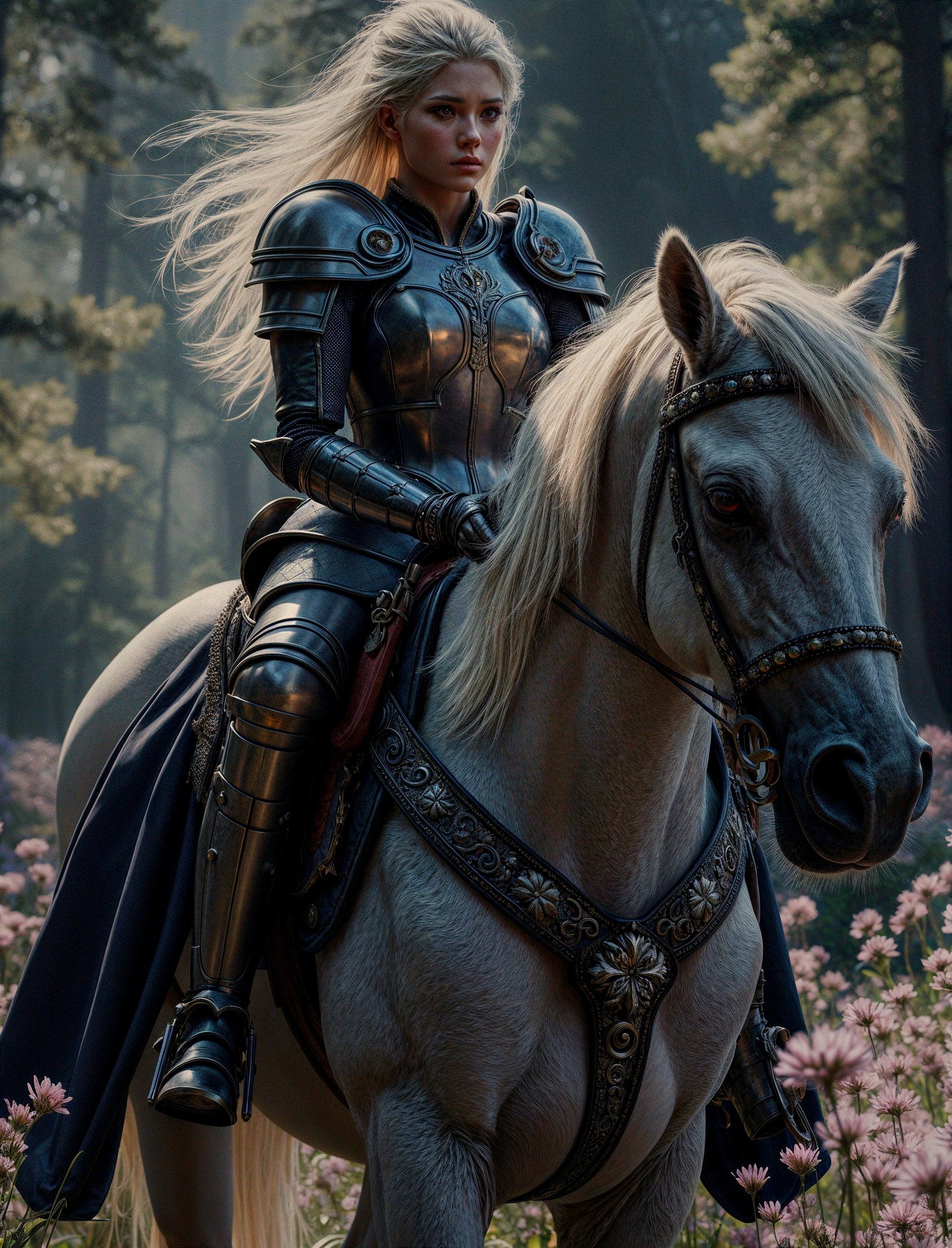 Knight in Silver Armor Riding White Horse in Forest