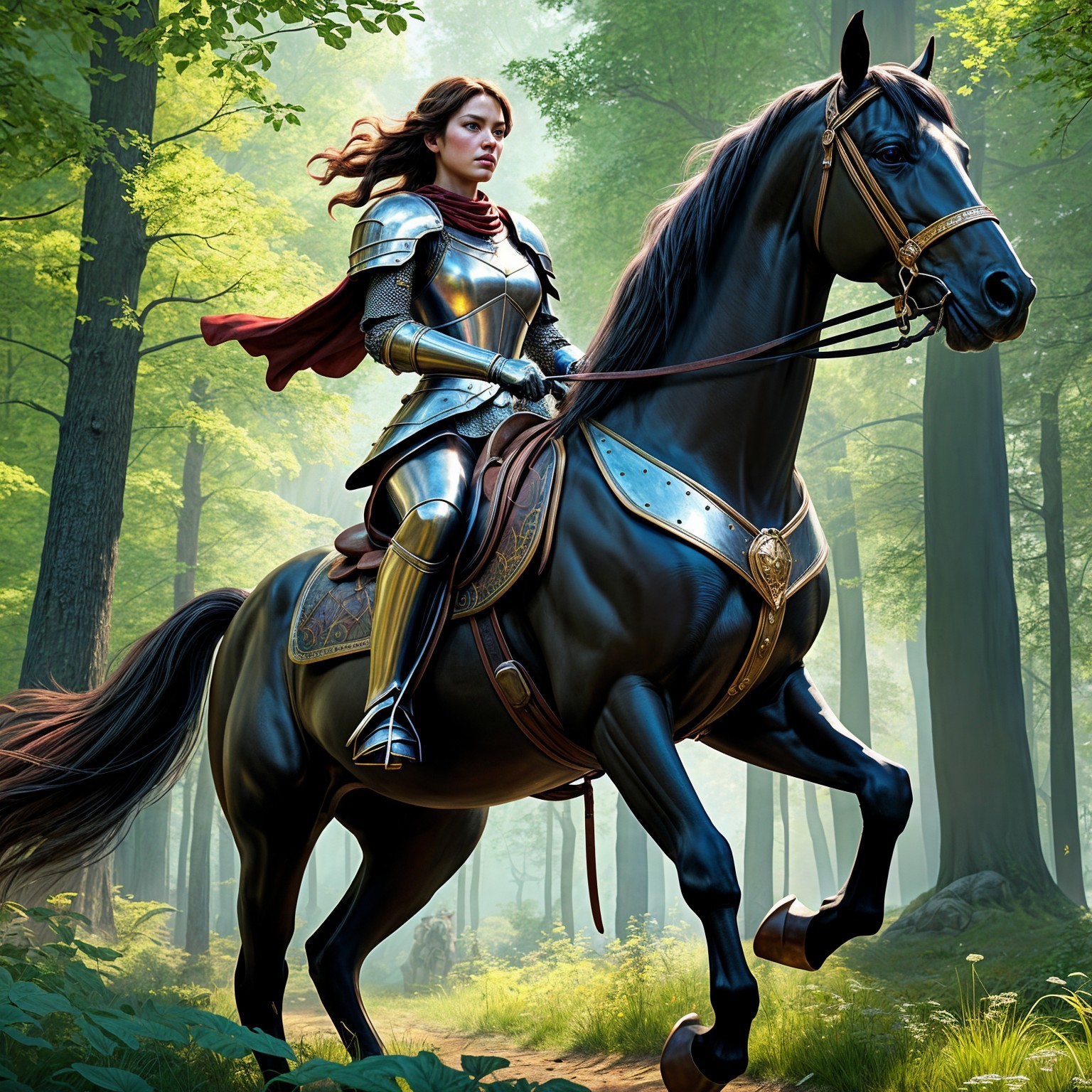 Female knight on black horse in lush forest setting