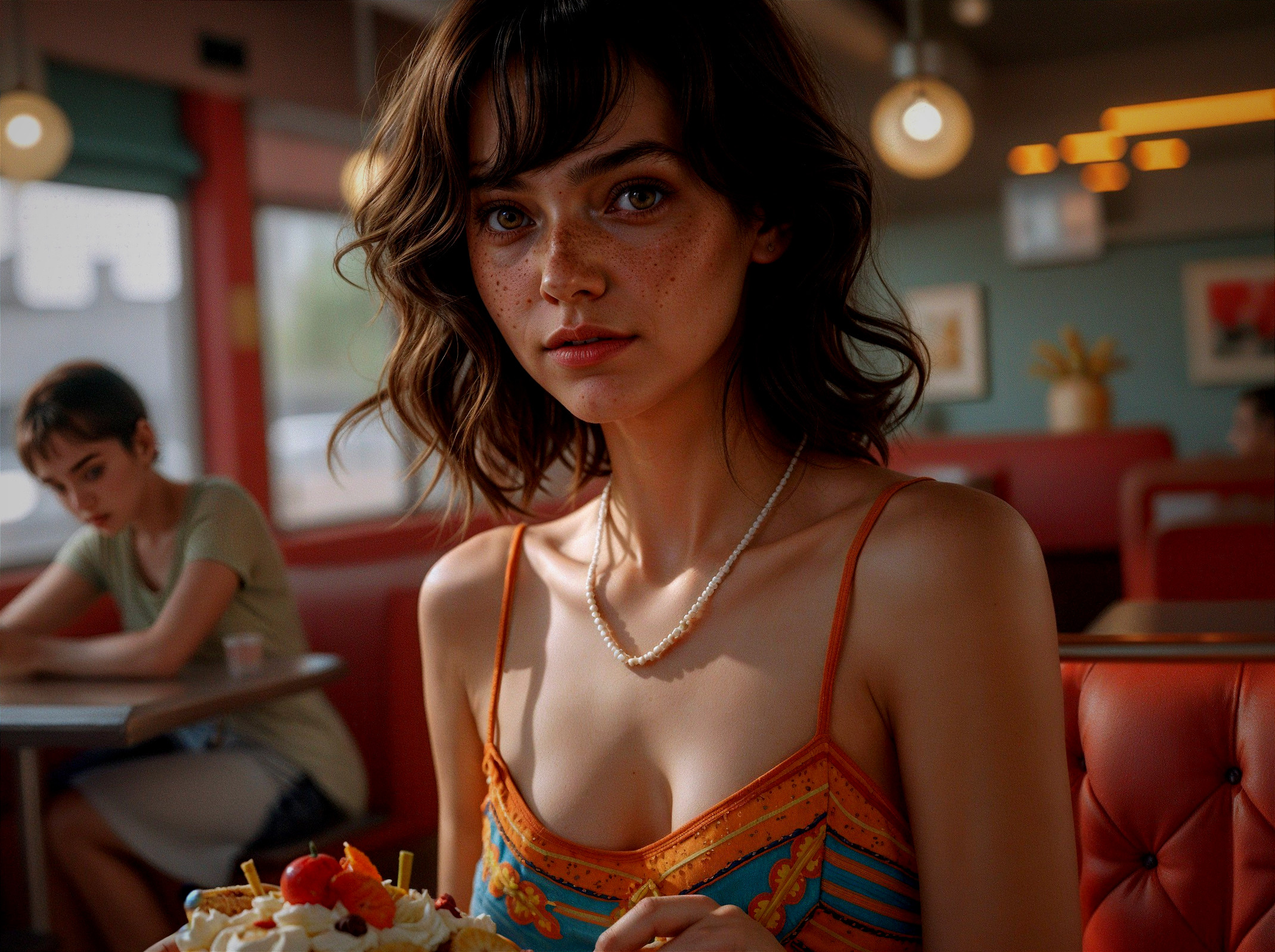 Young woman at retro diner with colorful dessert