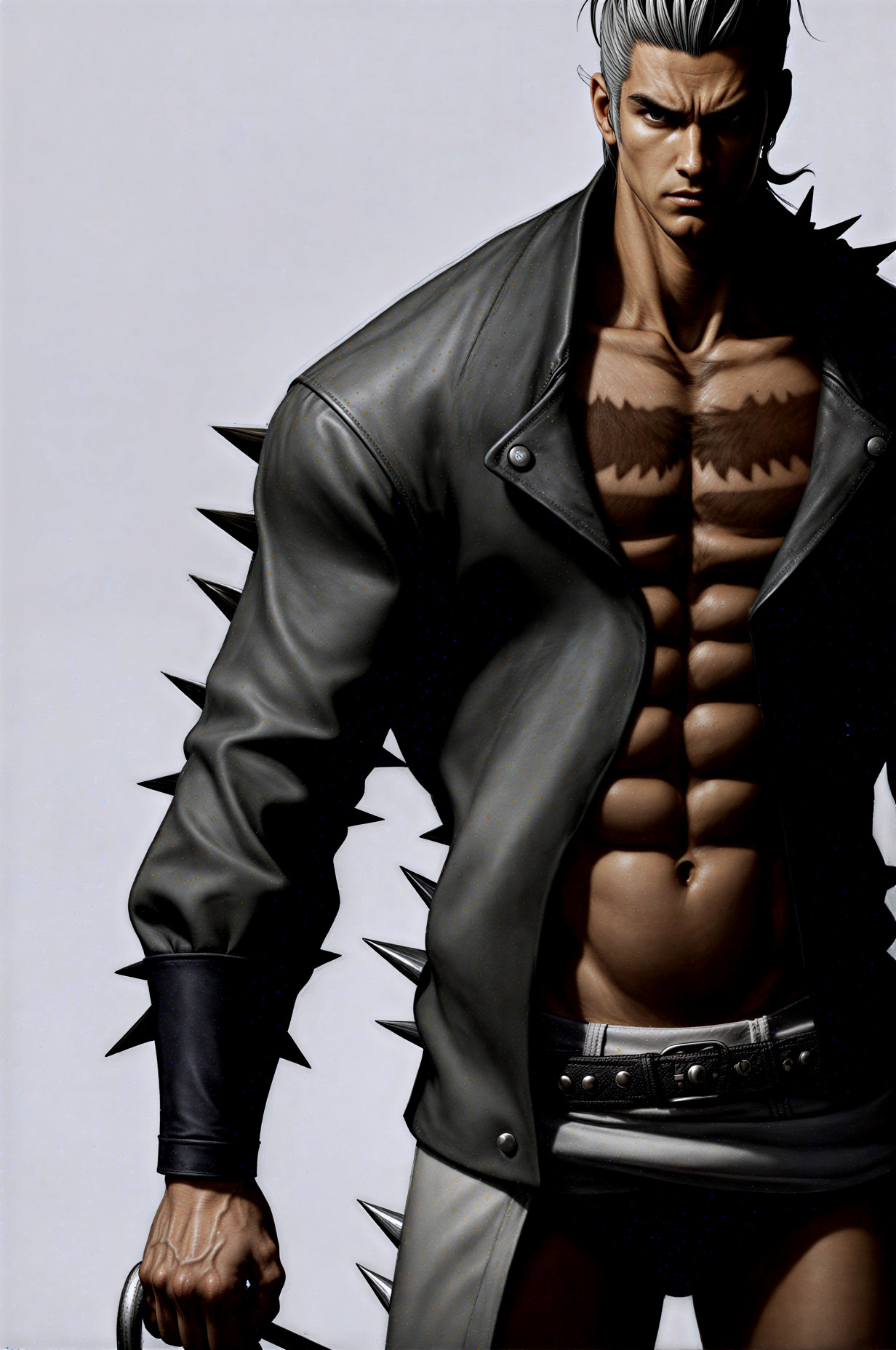 Muscular Male Character with Silver Hair and Jacket