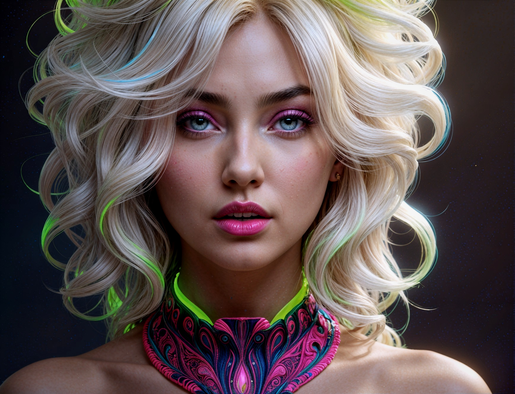 Portrait of a model with wavy blonde hair and neon green highlights