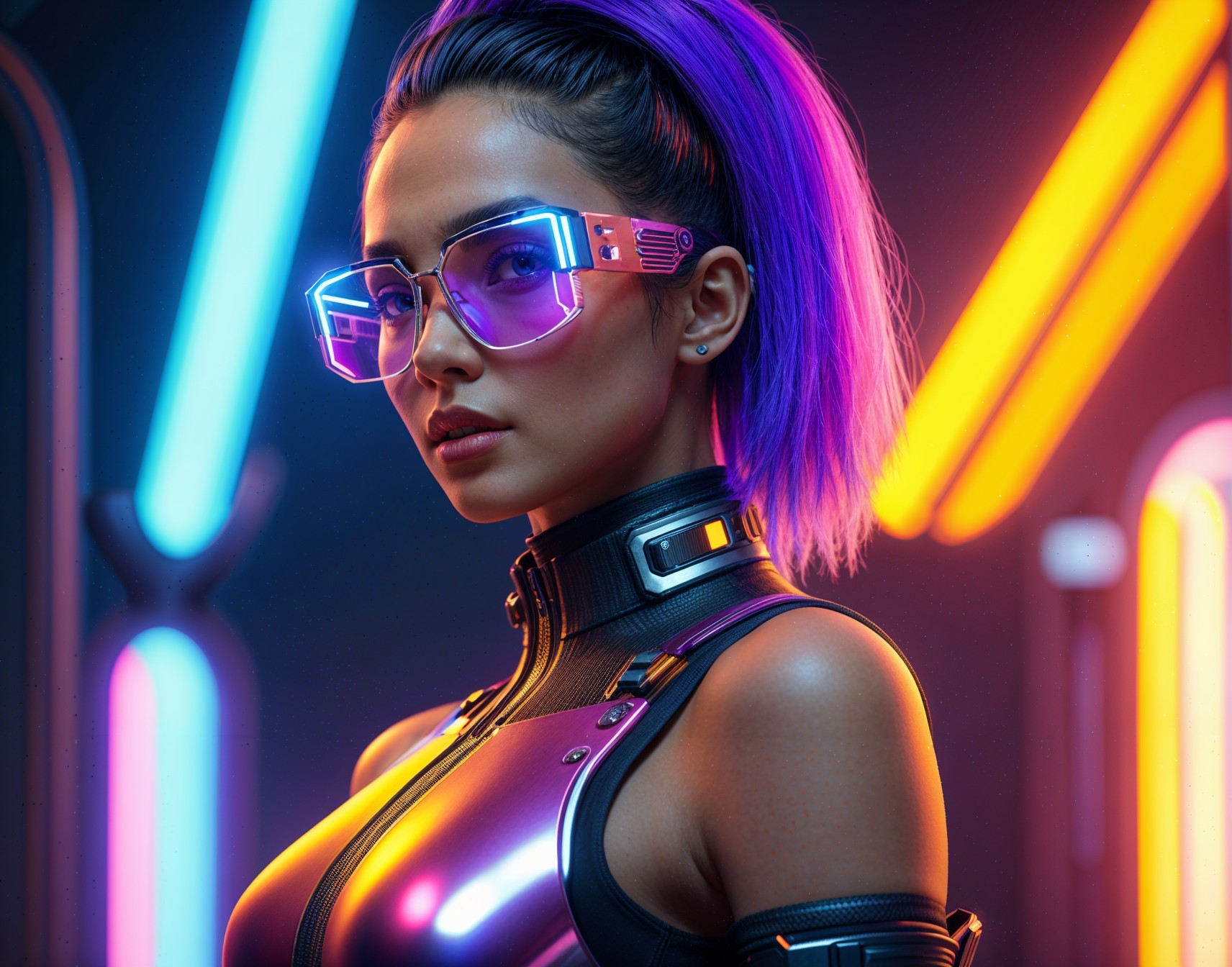 Cyberpunk Figure with Purple Hair and Neon Background
