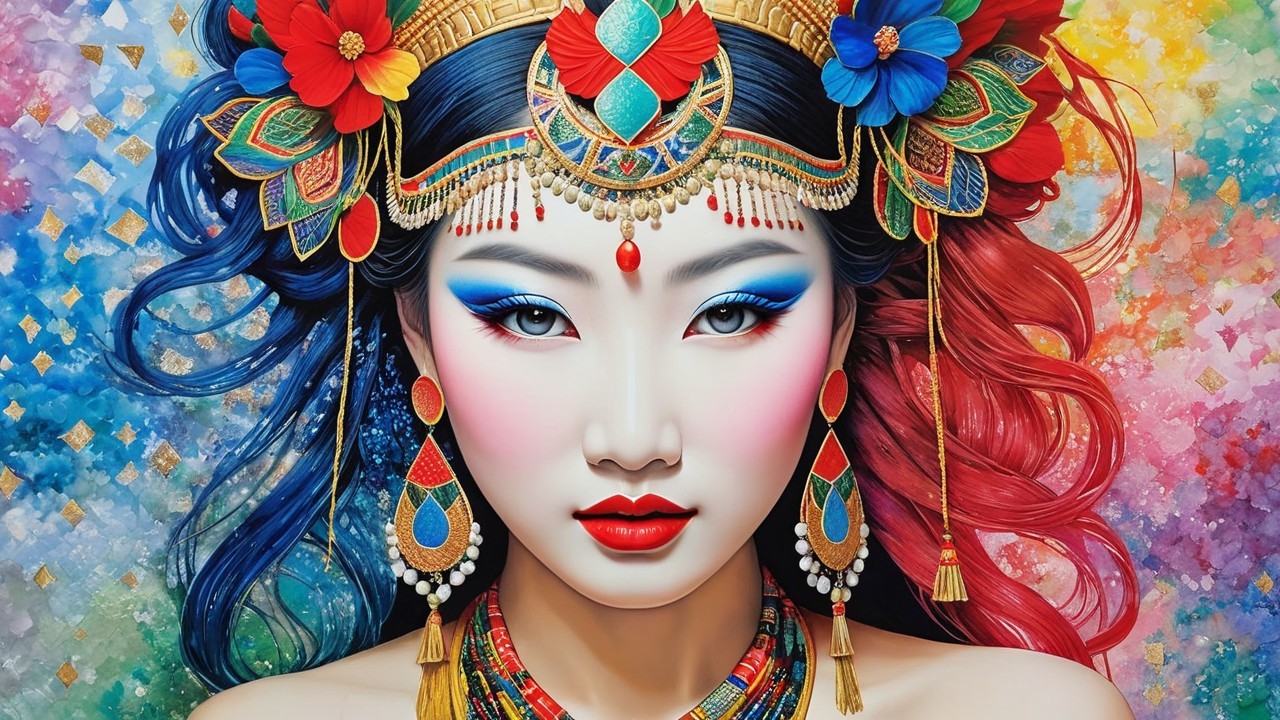 Vibrant Female Figure with Colorful Hair and Accessories