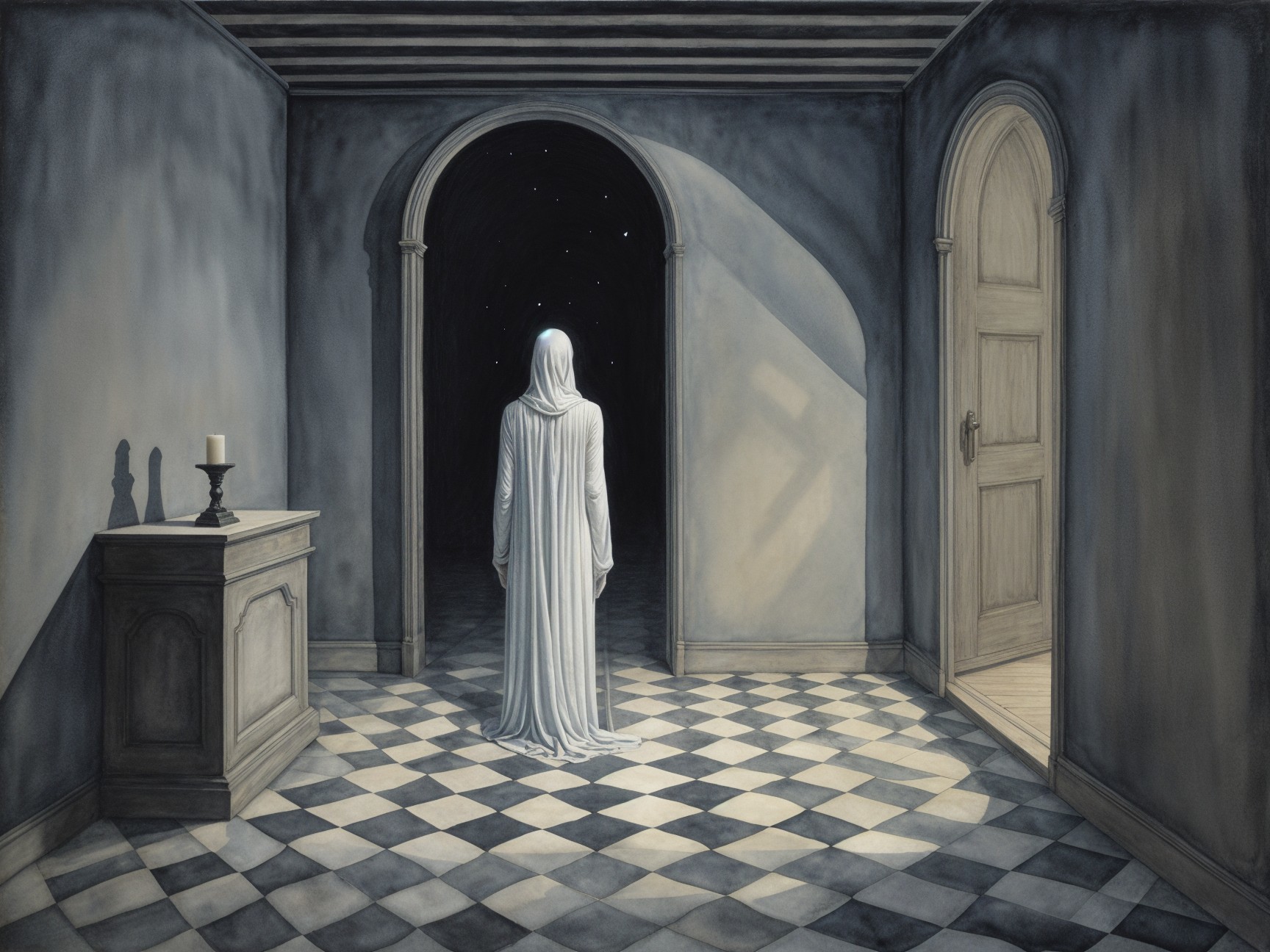Mysterious Room with Figure and Candlelit Ambiance