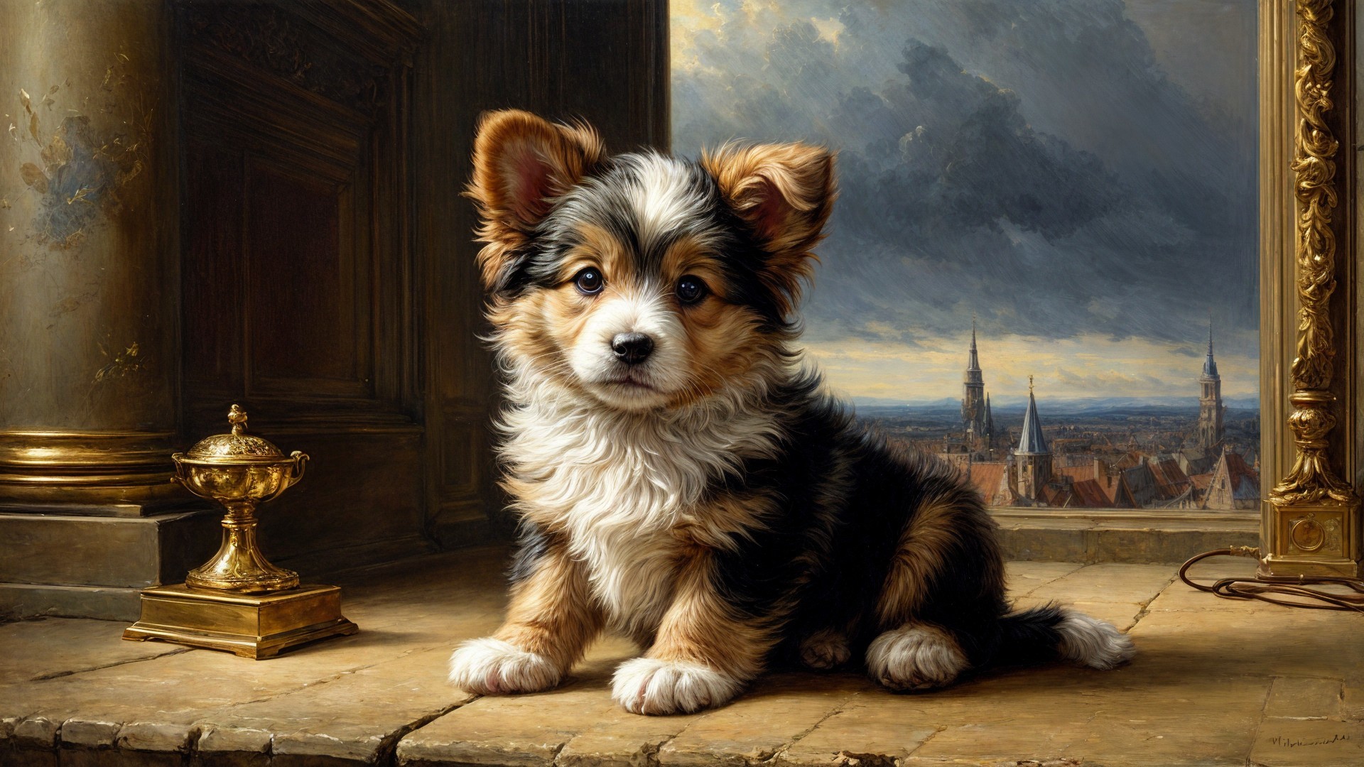 Fluffy Puppy on Stone Ledge with Elegant Interior