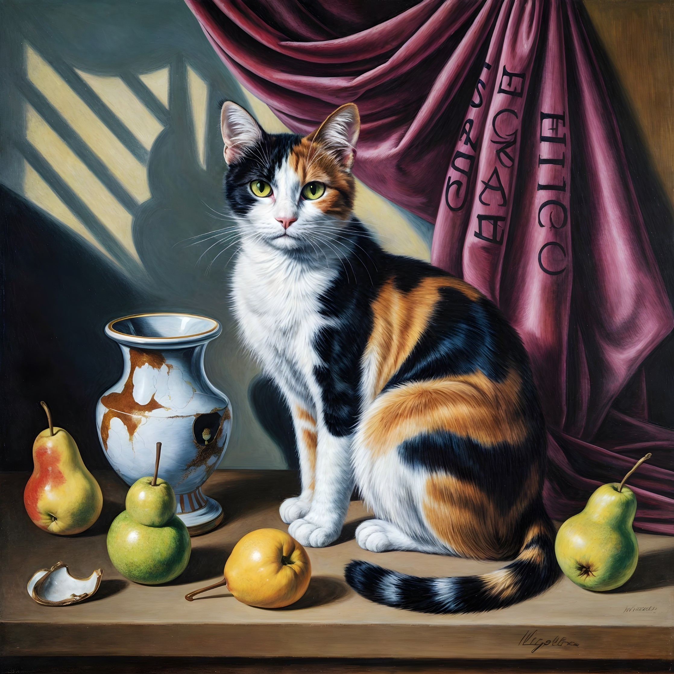 Detailed Painting of a Calico Cat on a Table