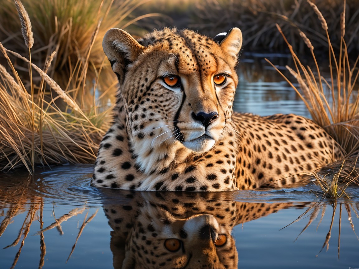 Cheetah in Water Surrounded by Tall Grasses