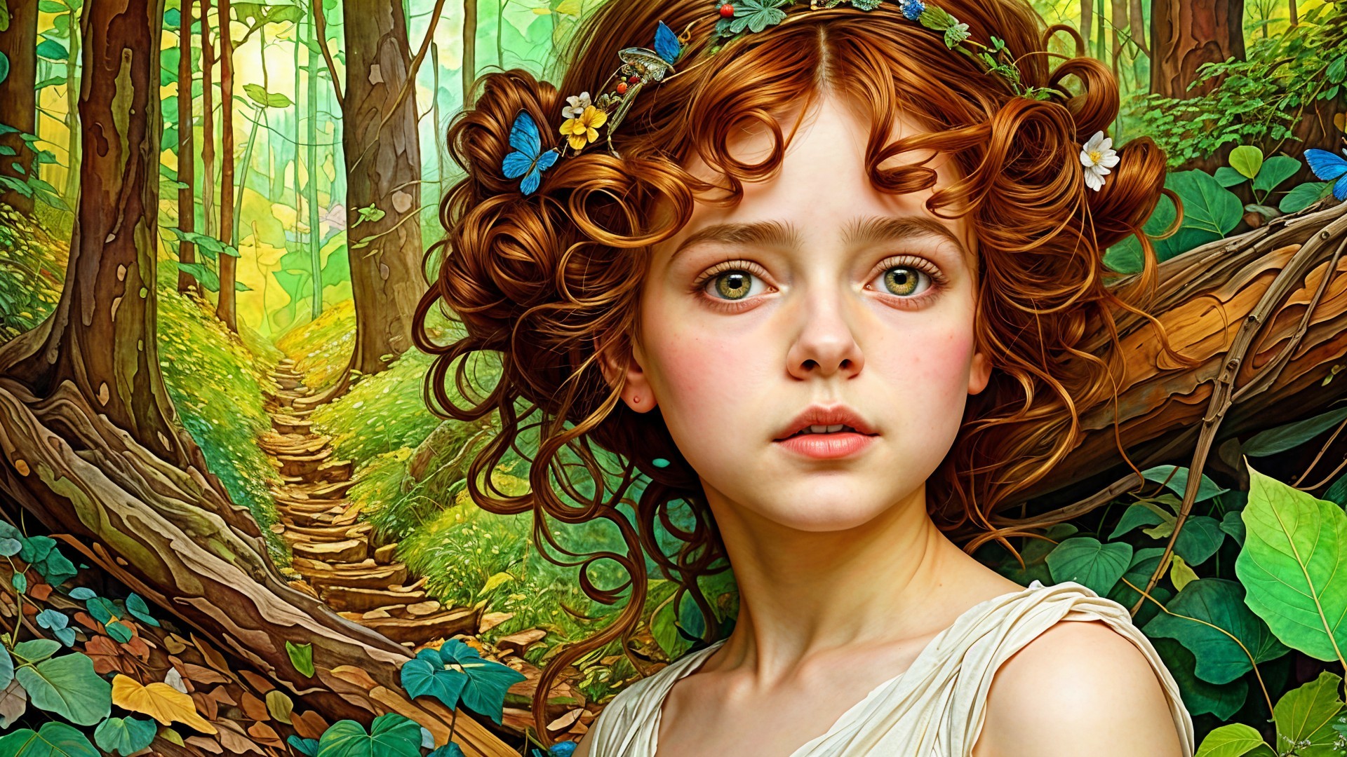 Young girl in forest with flowers and butterflies