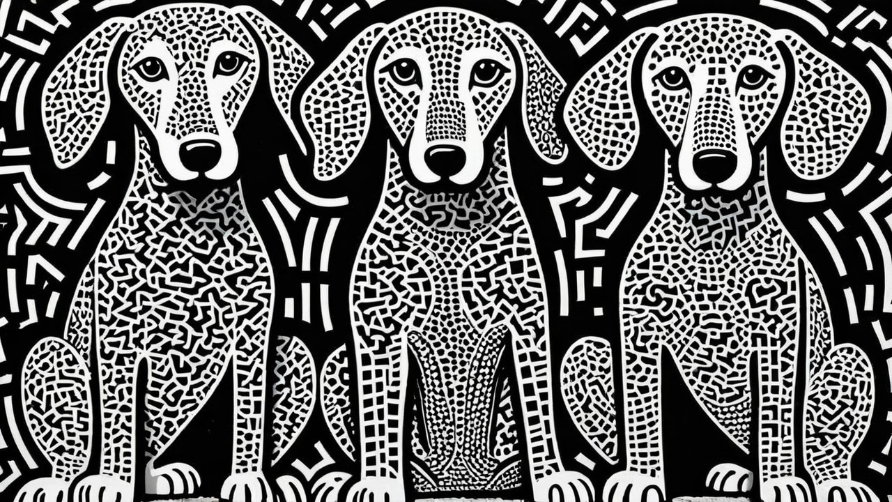 Stylized Dogs with Intricate Patterns and Abstract Background