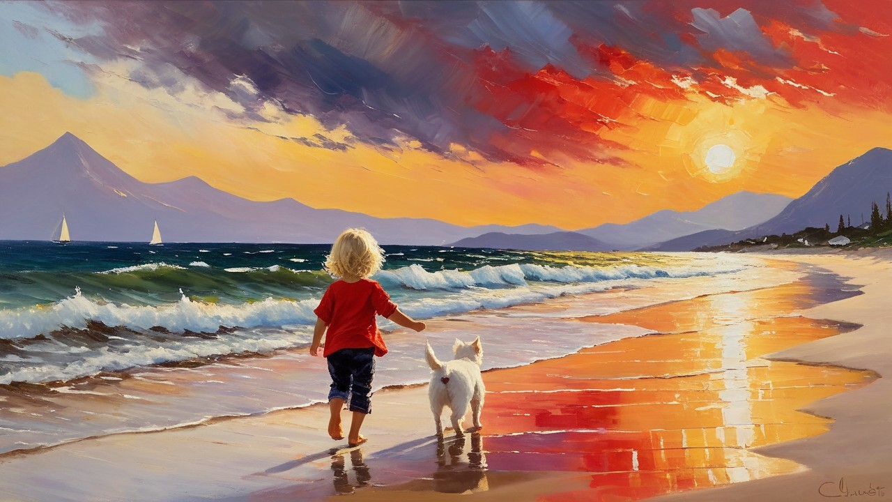 Child and Dog Walk on Beach at Sunset