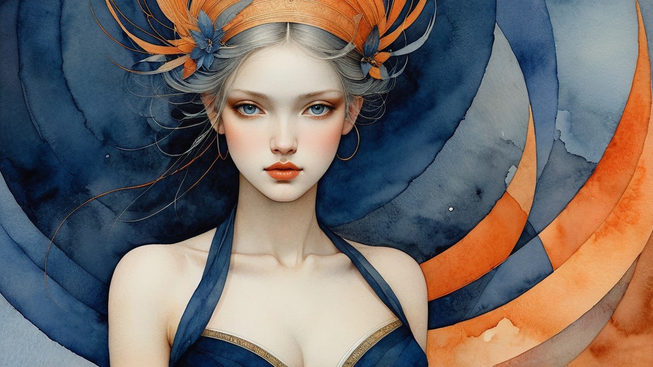 Captivating Woman with Fiery Headpiece in Watercolor