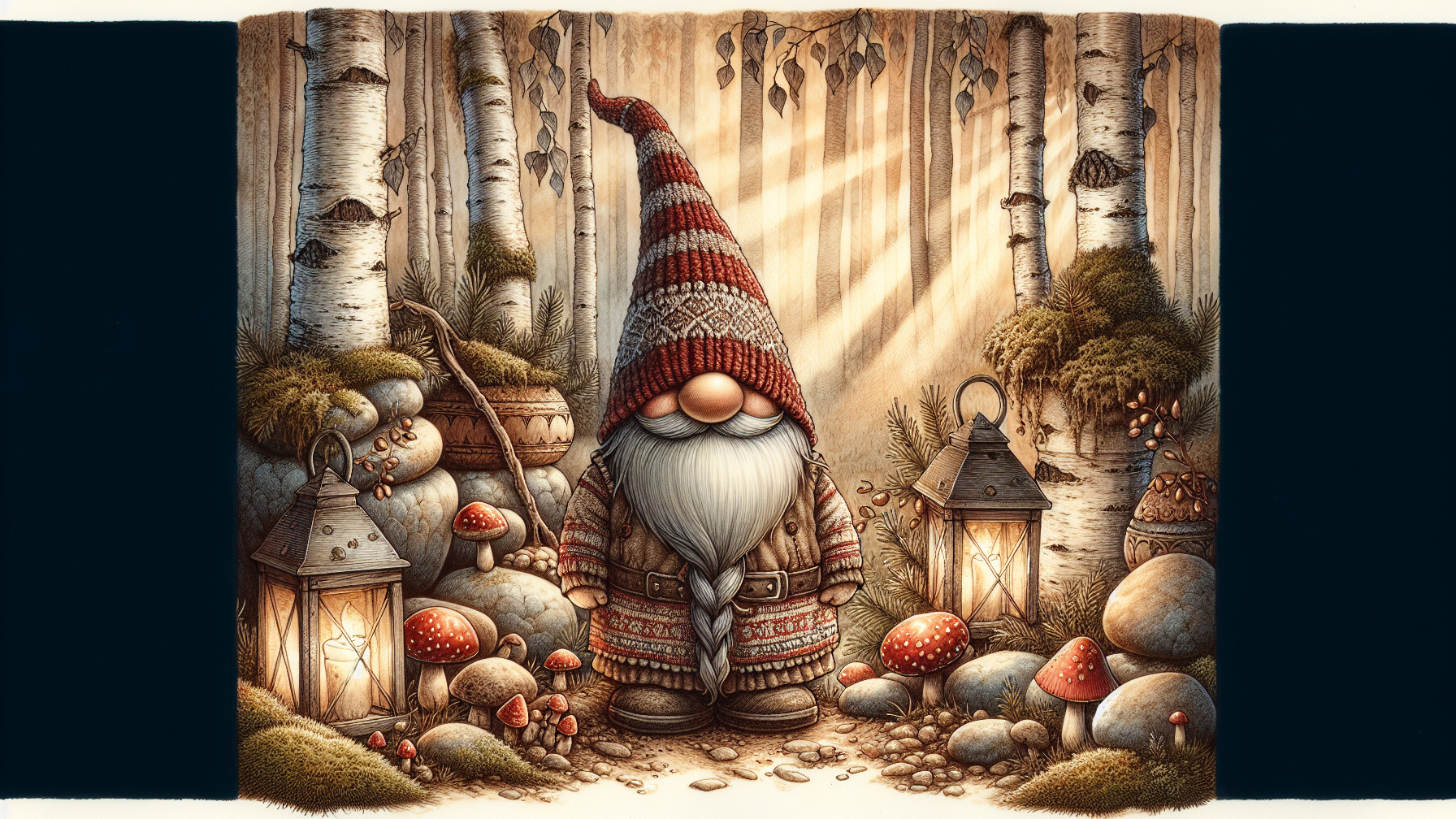 Whimsical Gnome in Serene Forest with Lanterns and Mushrooms