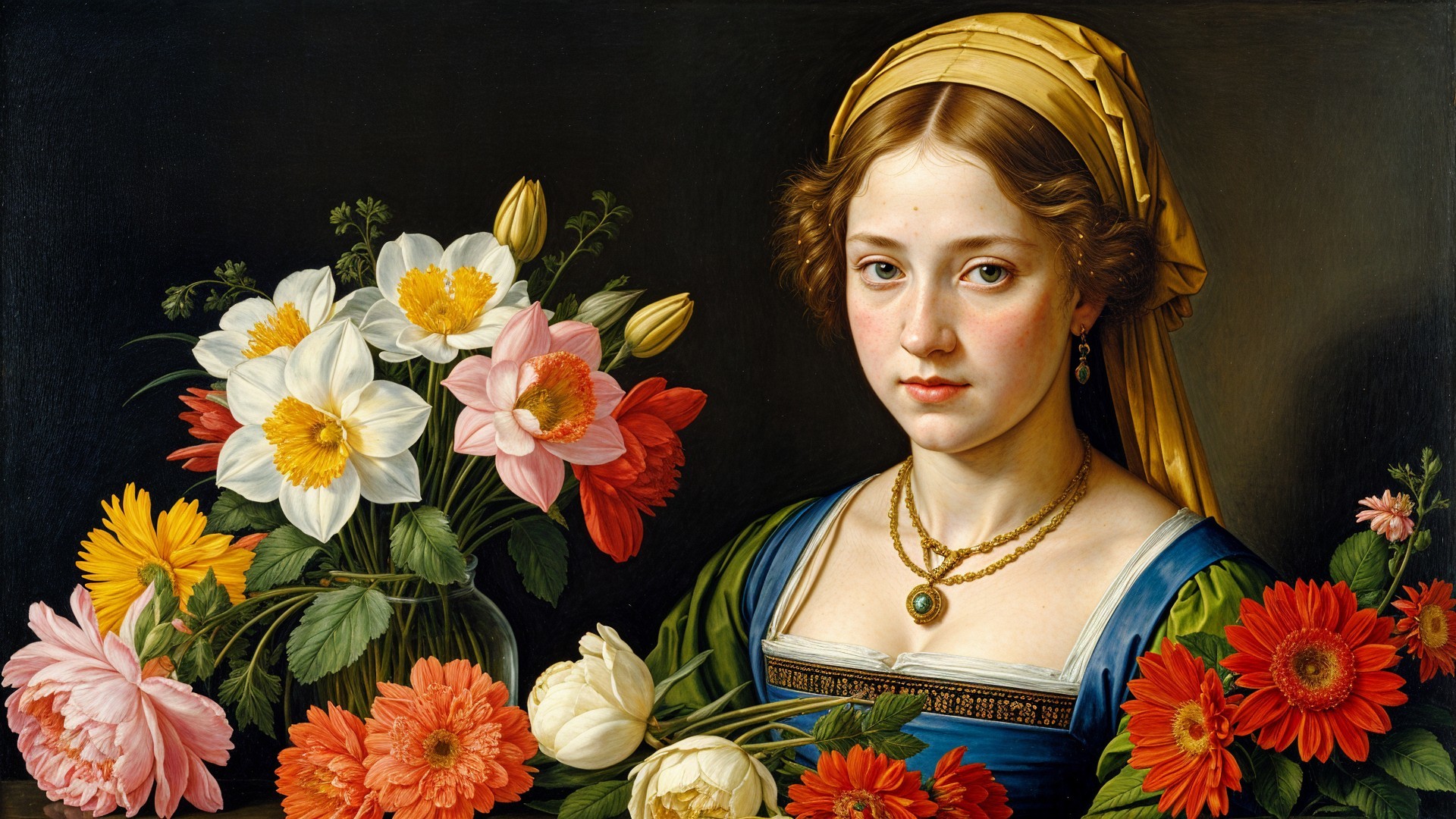 Portrait of a Young Woman with Flowers and Headscarf