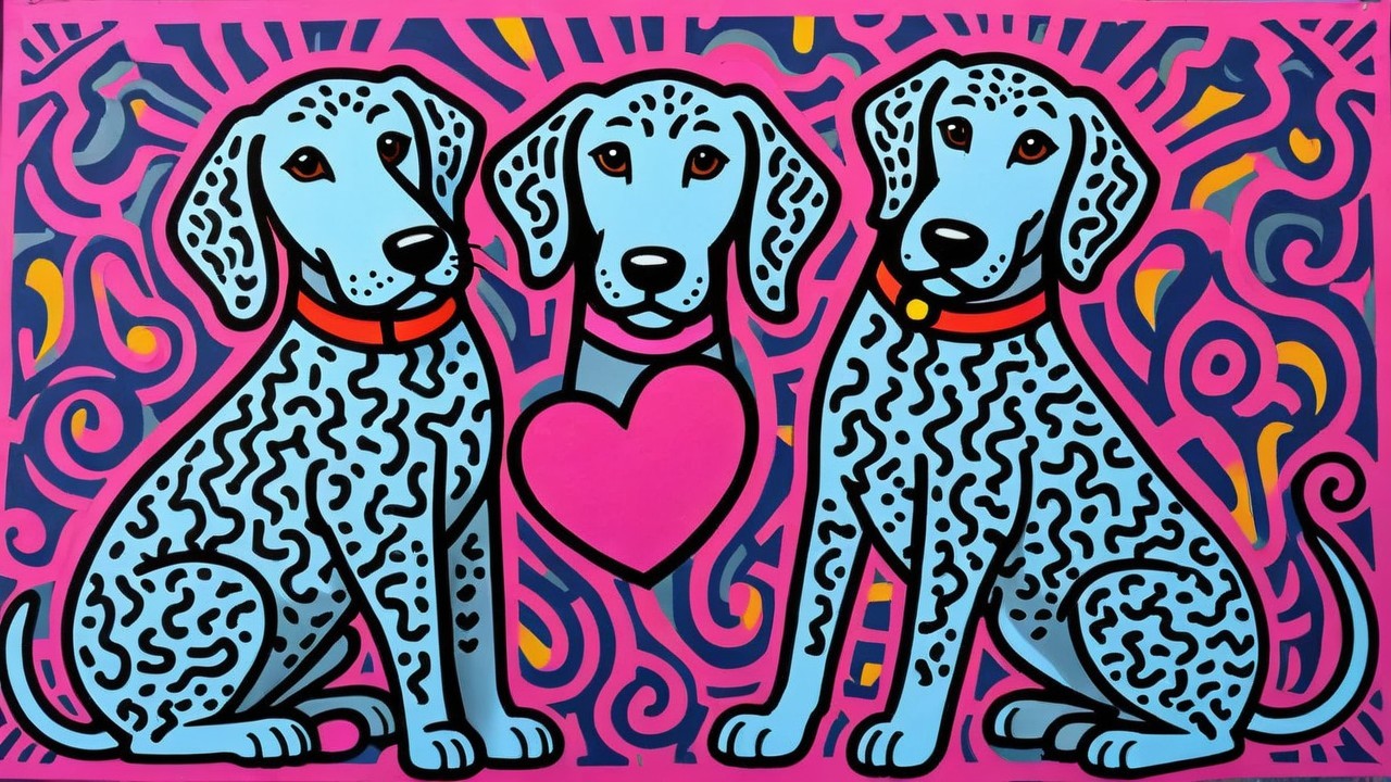 Stylized Dogs with Blue Fur and Black Spots on Pink