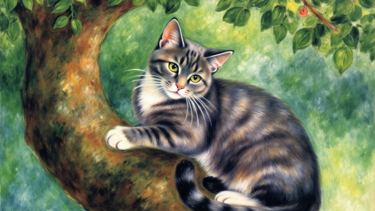 Realistic Painting of a Tabby Cat on a Tree Branch