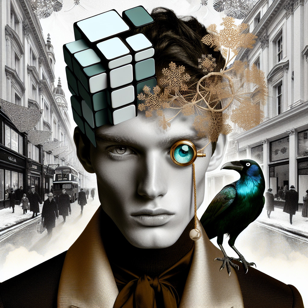 Surreal Portrait of Young Man with Rubik's Cube and Raven