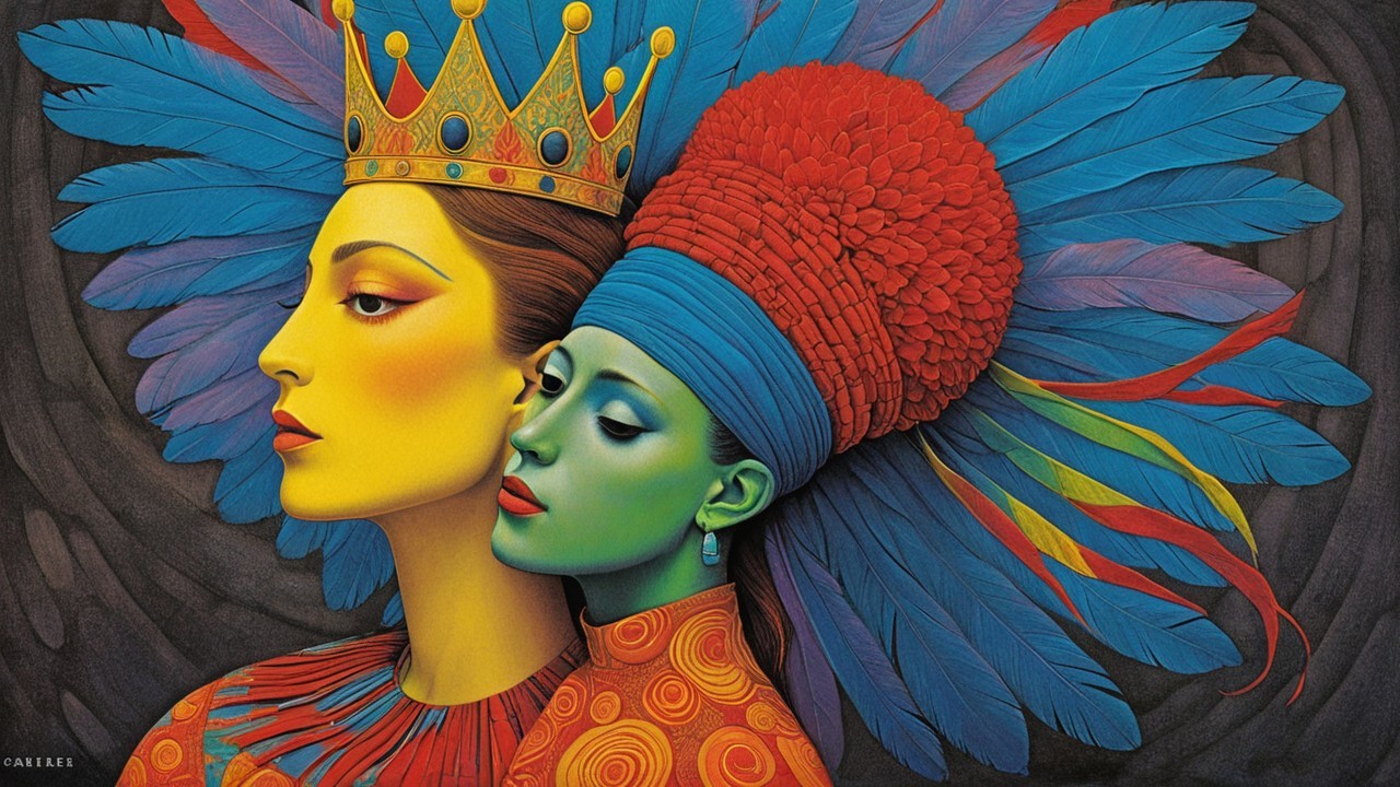 Artwork of Two Women with Vibrant Headpieces