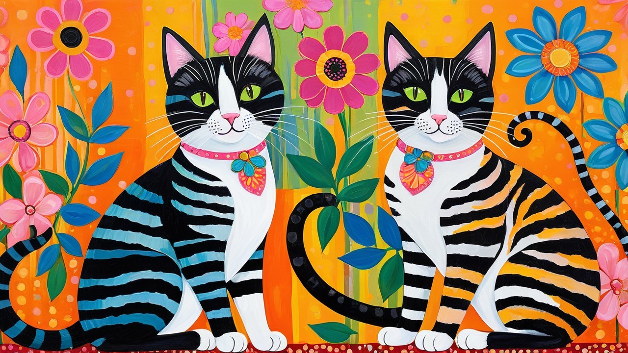 Colorful Stylized Cats Against Vibrant Floral Background