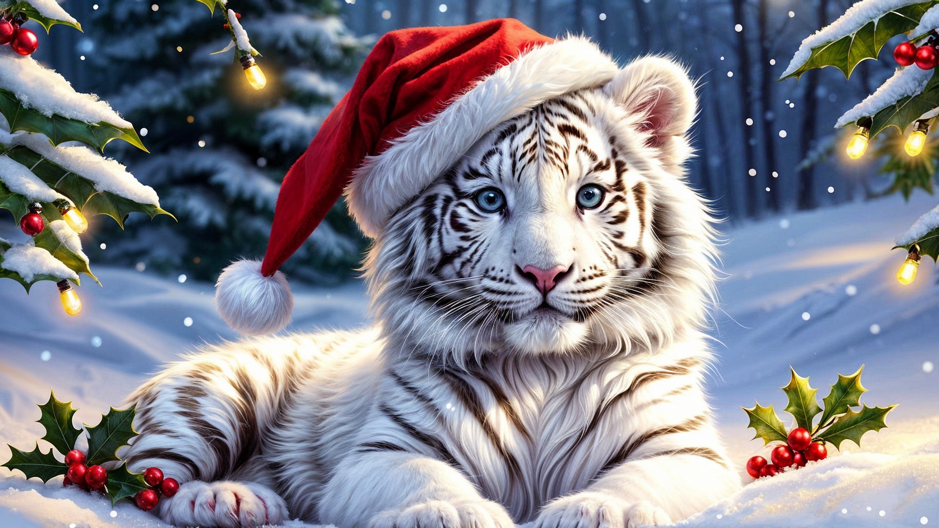 White Tiger Cub in Santa Hat in Snowy Landscape