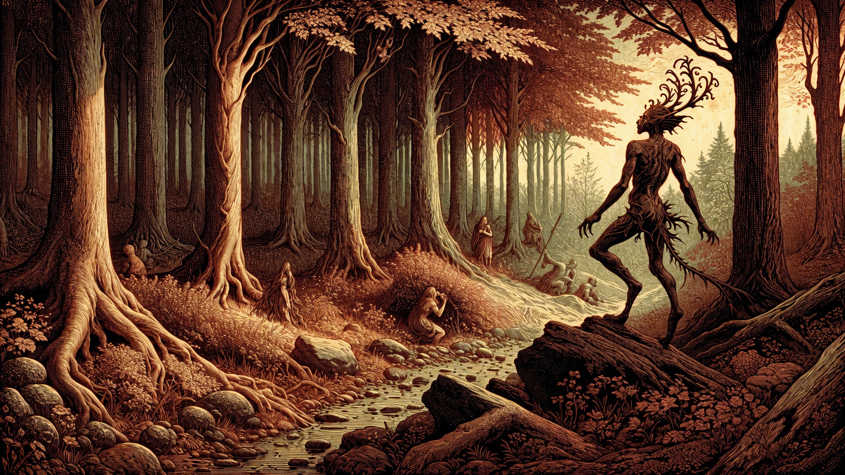 Mystical Forest Scene with Antlered Figure and Stream