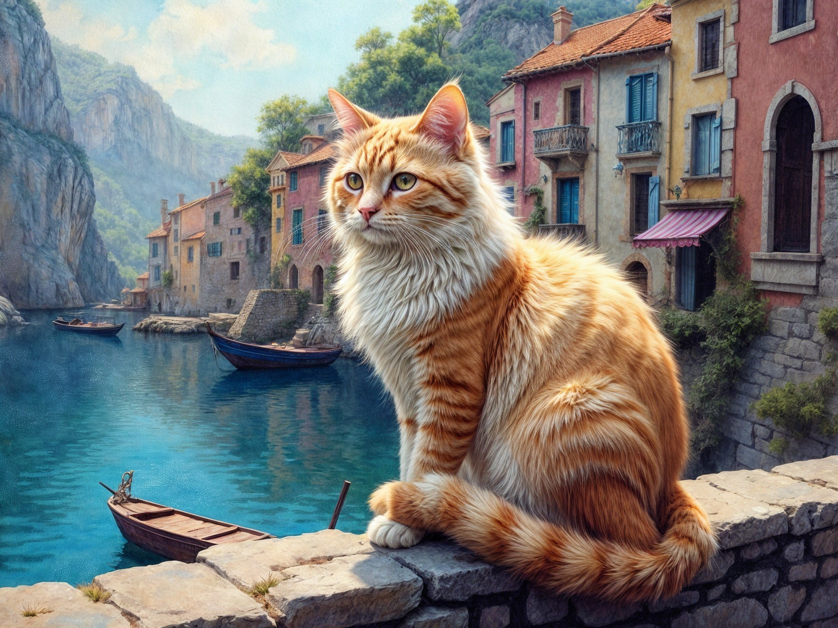 Orange Tabby Cat Overlooking Serene Waterfront Scene