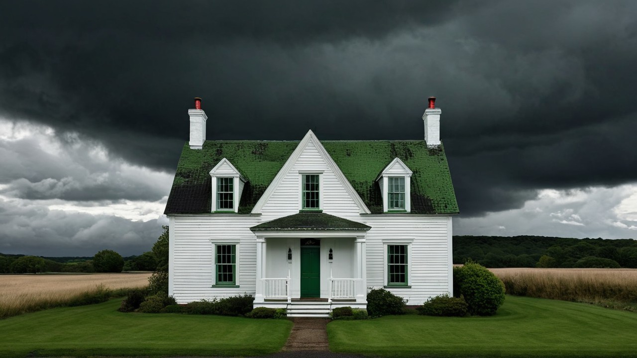 Charming White House with Green Roof in Open Field