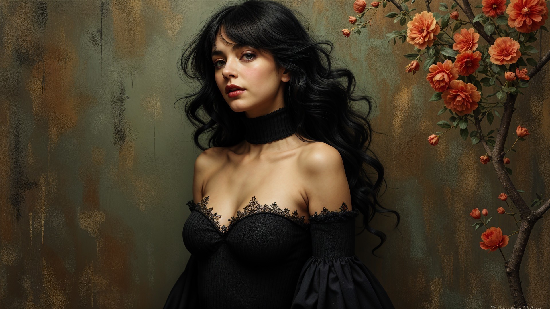 Young Woman in Elegant Off-the-Shoulder Top with Roses