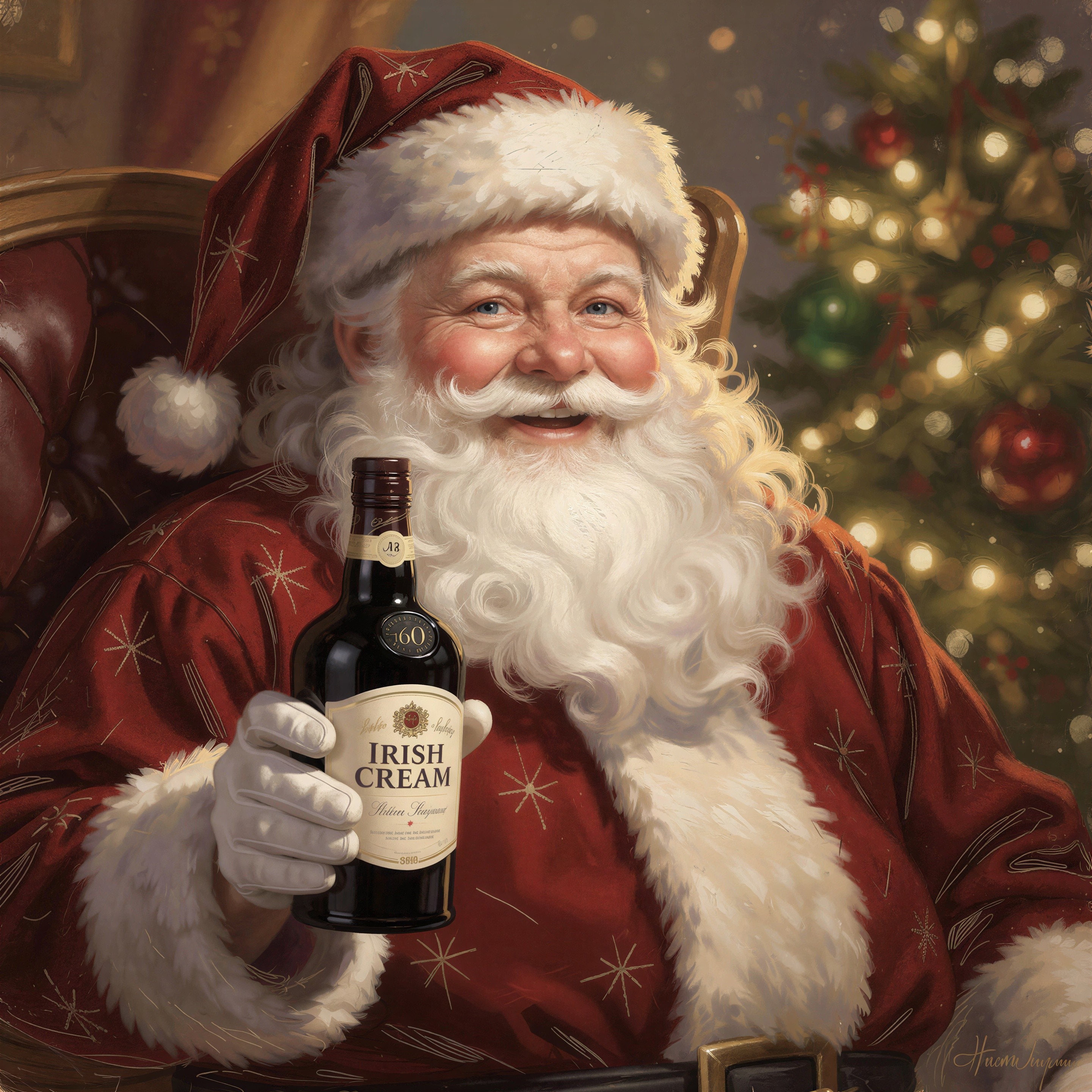 Oil Painting of Santa Claus with Irish Cream and Tree