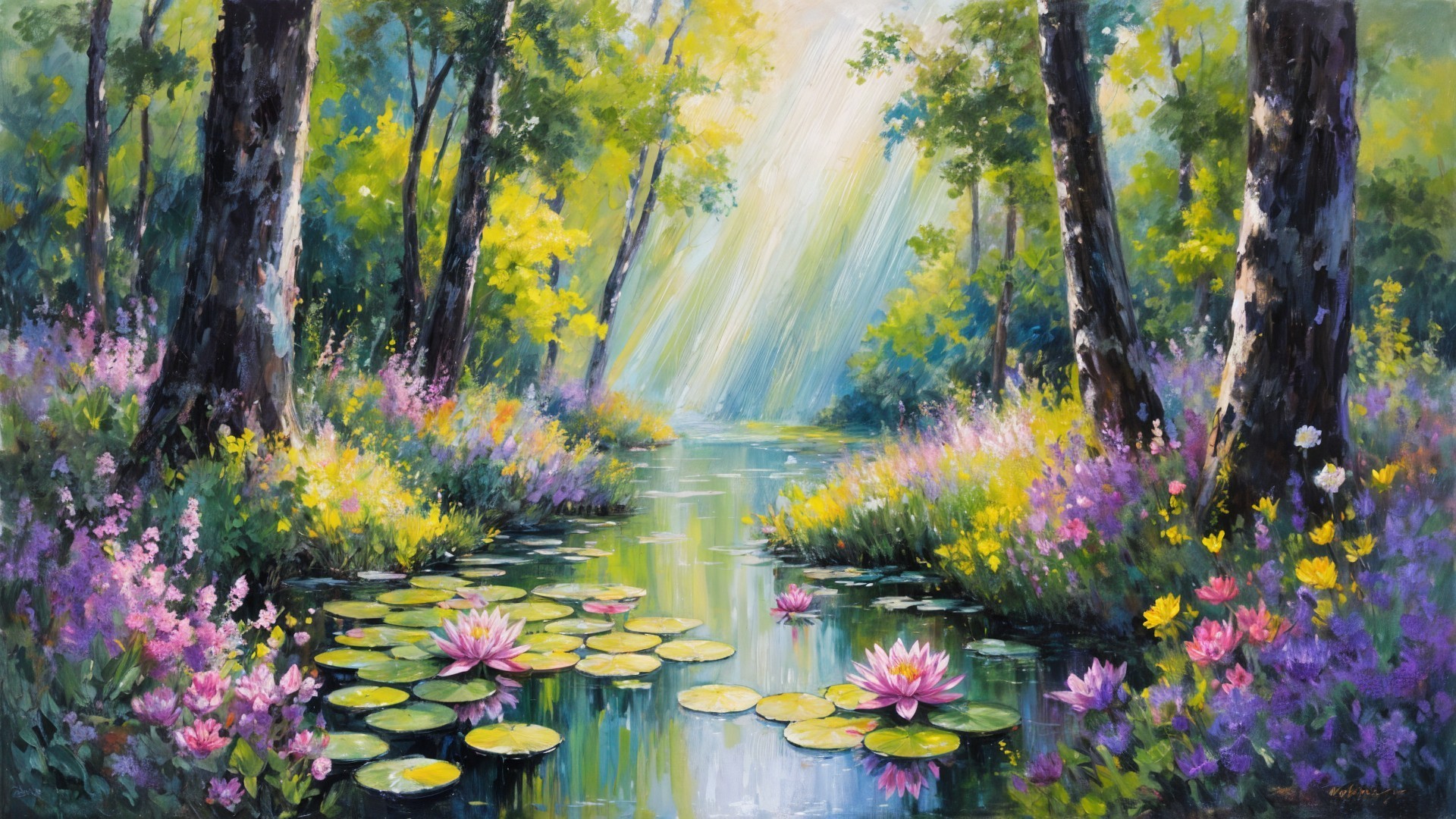 Tranquil Waterway with Vibrant Lily Pads and Flowers