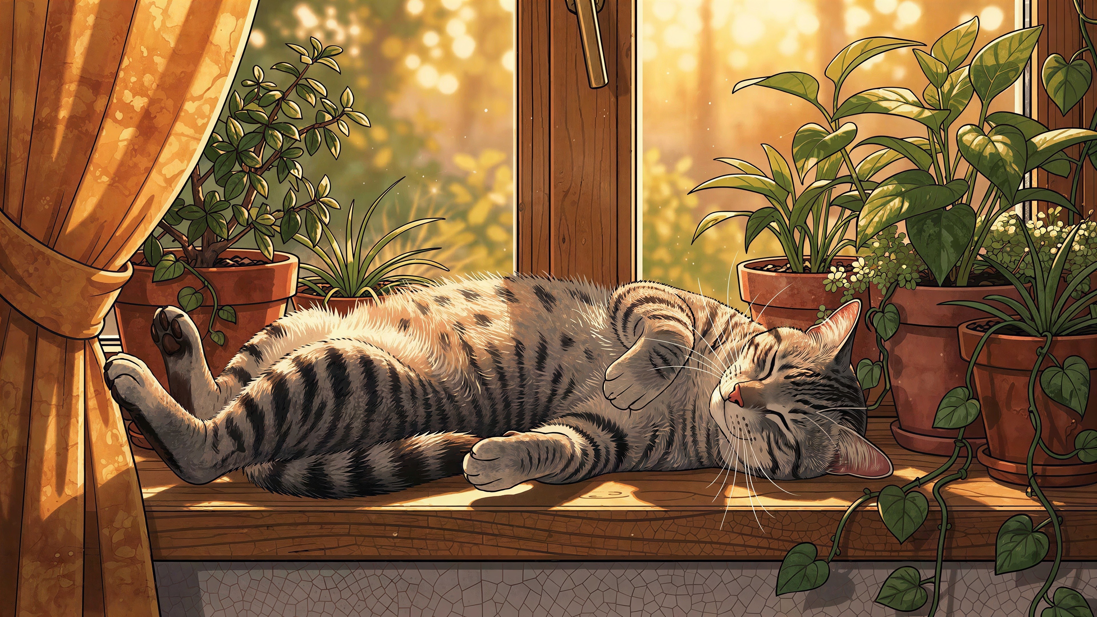 Tabby Cat Sleeping on Wooden Windowsill with Plants